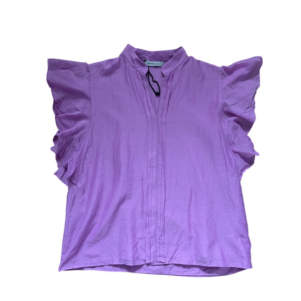 Marella Purple Silk Ruffle Sleeve Pleated V-Neck Blouse 10 NWOT preppy dainty